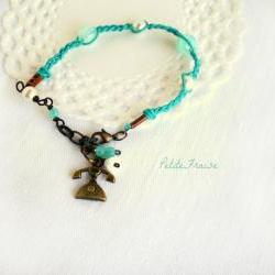 Call me, Friendship bracelet with vintage telephone charm, aqua green and mint